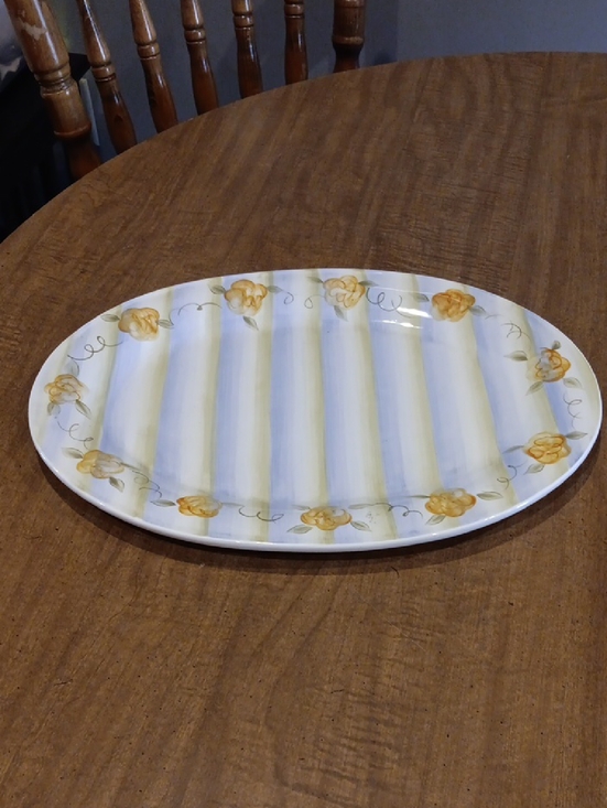Deb Hrablk Other - Ceramic Floral Stripe Serving Platter in Yellow and White
